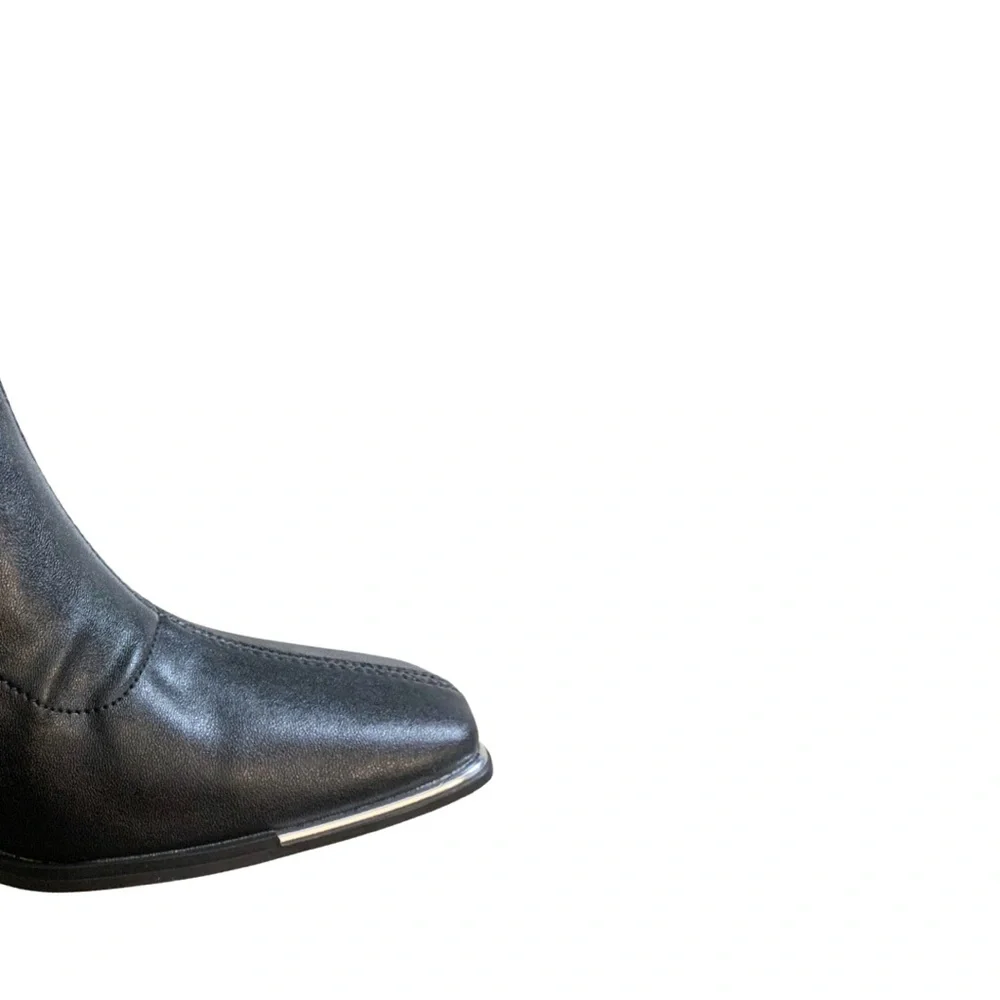 PLT Black Square Toe Block Heel Knee High Boots 7 & 8 PU Leather Biker Rocker